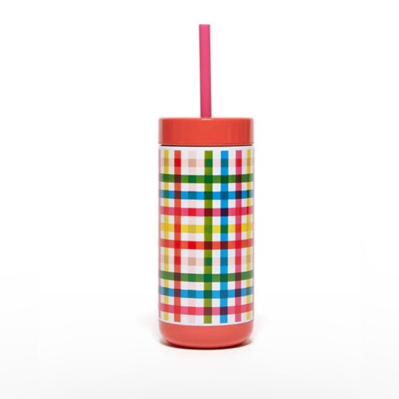 NEW NWT Ban.do Stainless Steel Block Party Plaid Colorful Straw Tumbler Cup - Picture 1 of 12
